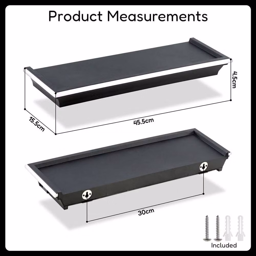 GEEZY Black Floating Wall Mounted Shelf with Integrated Blue LED Neon Light – 2