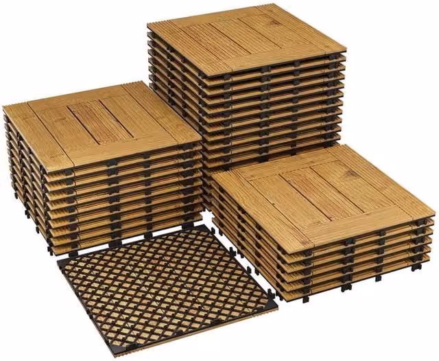 VOGREX Interlocking Waterproof Solid Acacia Wood Deck Tiles, 22 Pack, Brown