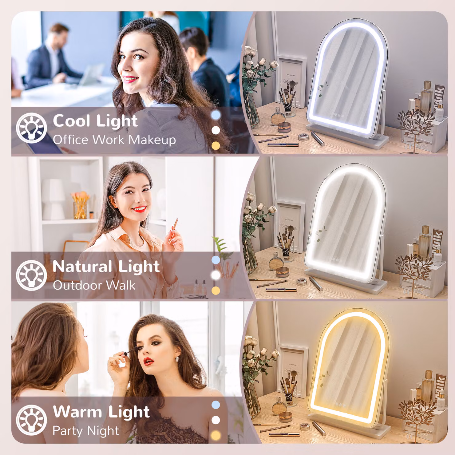 HOMCOM LED Vanity Mirror with 3 Colour Lights, 360 Degree Rotation and Touch Screen, White, W: 43 cm, H: 59 cm – 4