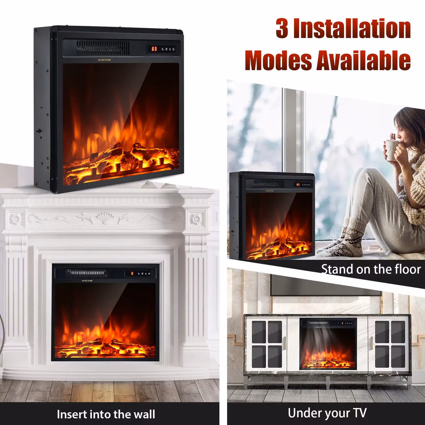 Costway 1500W Electric Fireplace Stove Heater with Log Flame Effect in Black – 6