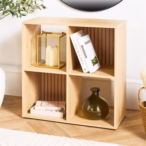 OHS Dallas 4 Tier Wooden Cube Bookcase, Natural Open Shelf Storage Unit, W/D/H: 60 x 30 x 60 cm