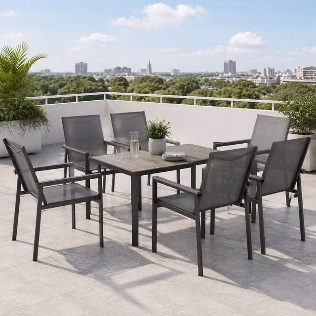 STILVORA 7-Piece Modern Dining Set with Grey Tempered Glass and Metal Top