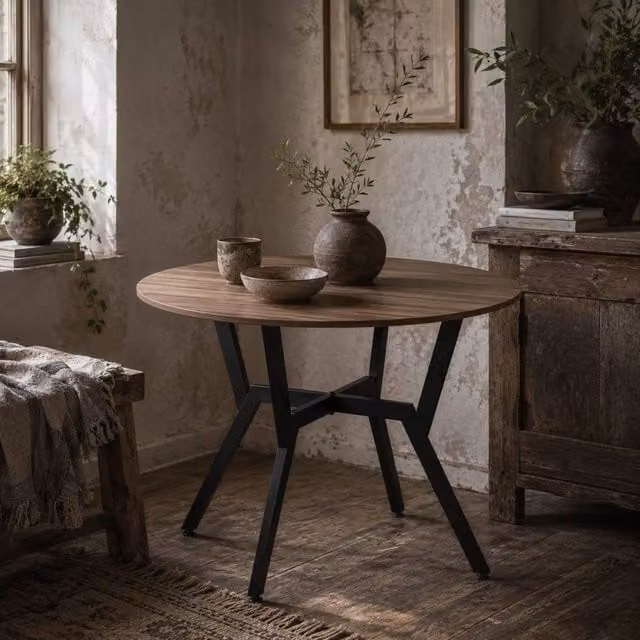 Wyld Haus Doveno Round Dining Table with Brown Wood Effect Top and Black Metal Frame, Diameter: 90 cm, Height: 76 cm – 1