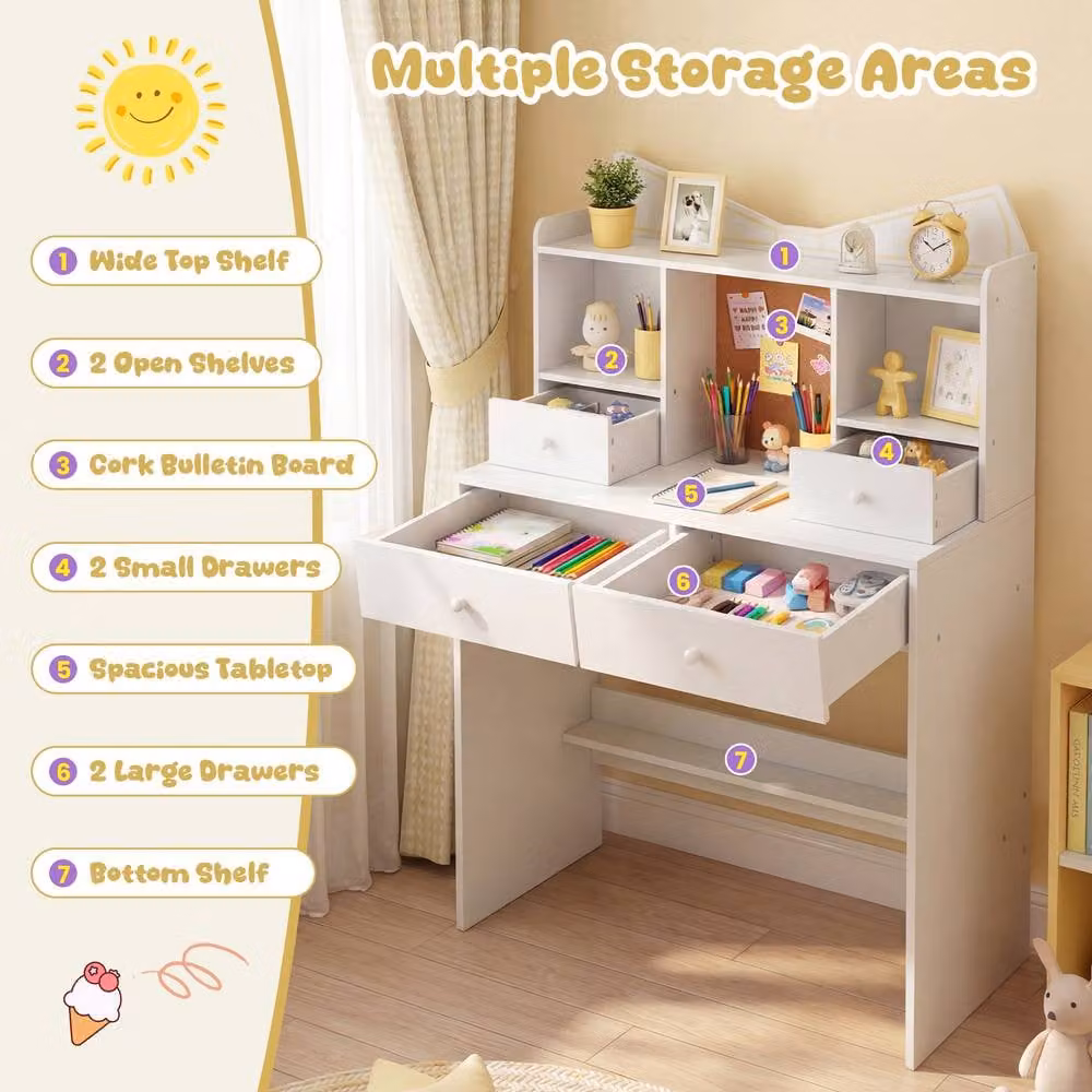 Costway Kids Wooden Study Desk and Chair Set with 4 Drawers in White – 2