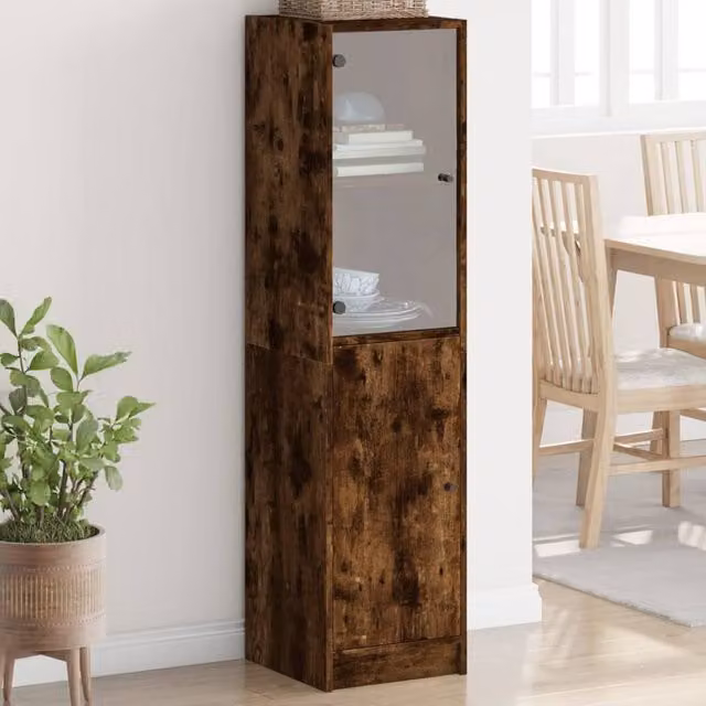 Berkfield Home Modern Highboard with Glass Doors in Smoked Oak Brown, W/D/H: 35 x 37 x 142 cm