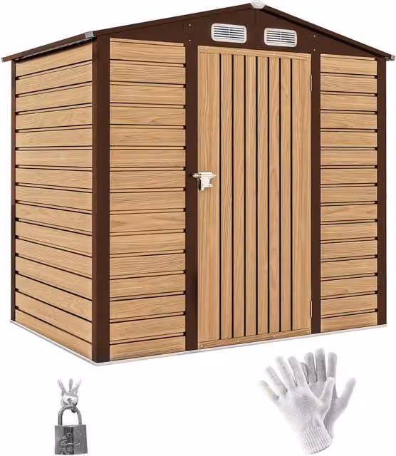 Rolipo Galvanised Steel Garden Shed with Lock, Oak Brown, W/D/H: 121.92 x 188.0 x 188.0 cm – 1