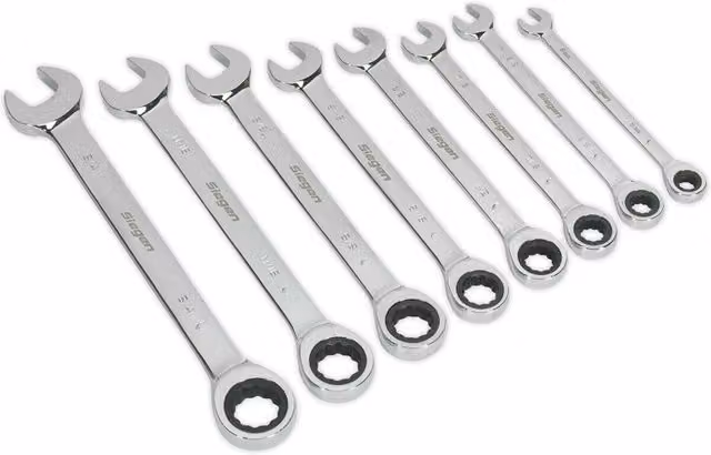Loops 8pc Slim Handled Combination Spanner Set, 12 Point Imperial Ring Open End Head, Silver and Multicolour