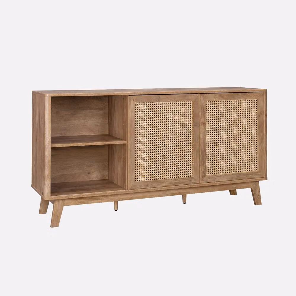 Sweekeet Retro Sideboard with Wood and Cane Effect and 2 Sliding Doors in Light Brown, W: 150 cm – 2