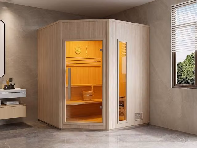 Vente-unique Kotka 5-6 Seater Finnish Corner Sauna in Light Oak, W/D/H: 180 x 180 x 210 cm