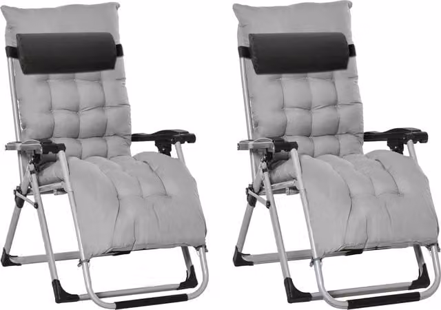 Outsunny 2 Piece Folding Sun Lounger Set with Adjustable Headrests and Cushions, Light Grey – 1