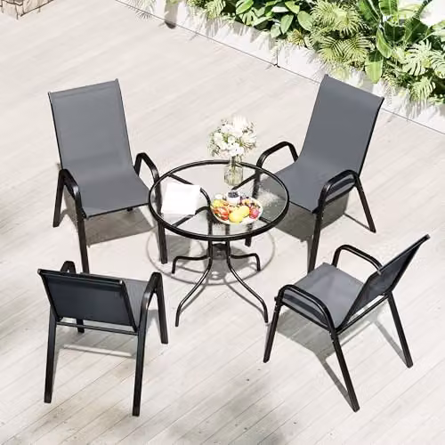 Outsunny 5 Piece Garden Dining Set with Round Glass Table and 4 Chairs in Grey – 6