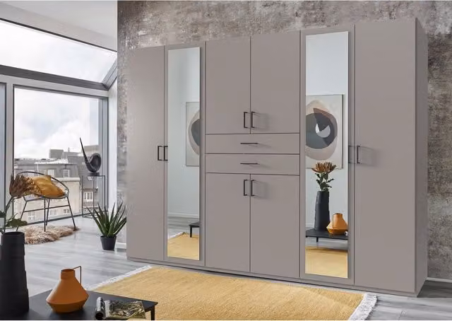 TJS Dillingen 6 Door Modern Grey Wardrobe with Glass Doors and Mirrors, Width: 270 cm