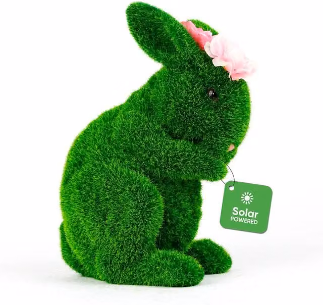 Gardenwize Solar Topiary Bunny Garden Ornament with Pink Flowers in Green