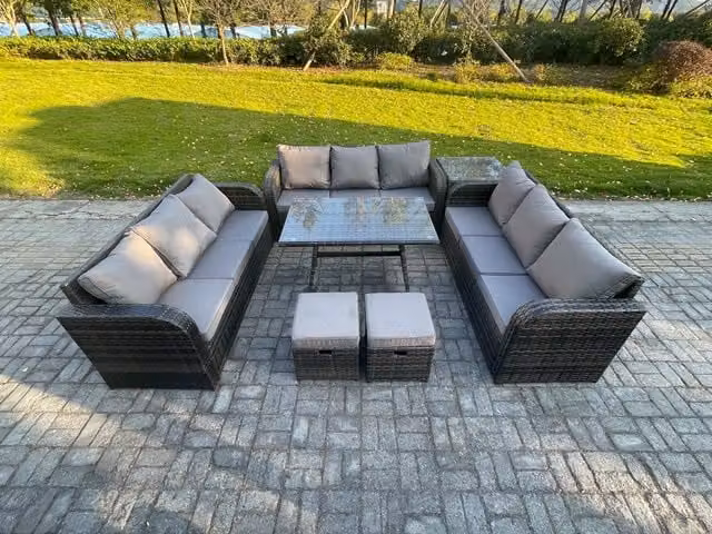 Fimous 11 Seater Grey Wicker Rattan Garden Furniture Set with Rectangular Dining Table, Side Table and 2 Small Footstools