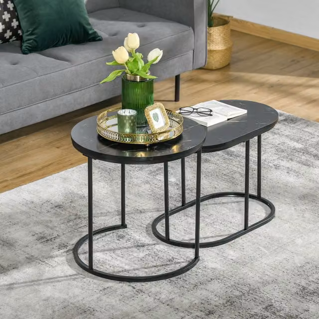 HOMCOM Set of 2 Modern Round Coffee Tables with Faux Marble Glossy Top and Metal Sled Base in Black and White