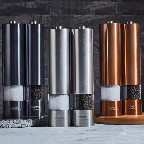 Cooks Professional Electric Salt and Pepper Mill Set with Bamboo Base in Silver Stainless Steel – 6