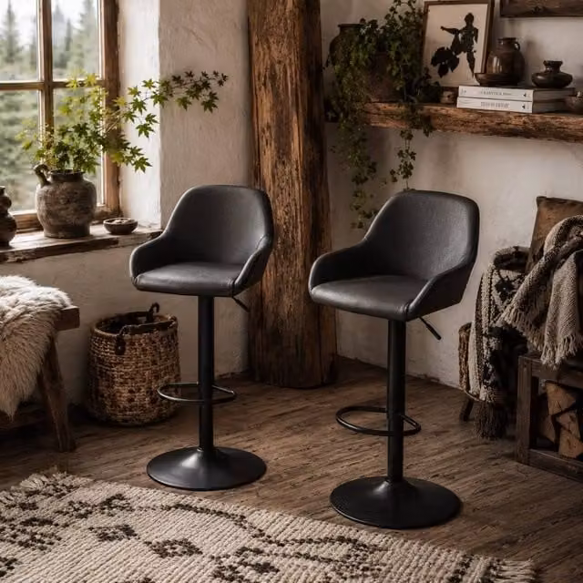 Wyld Haus Falani Set of 2 Black Faux Leather Adjustable Swivel Bar Stools with Armrests – 1