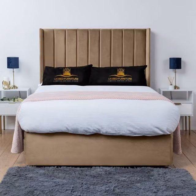 UK Bed Furniture Bella Wingback Divan Bed Base with 54 Inch Headboard, Beige Velvet Fabric, W/D/H: 180 x 200 cm