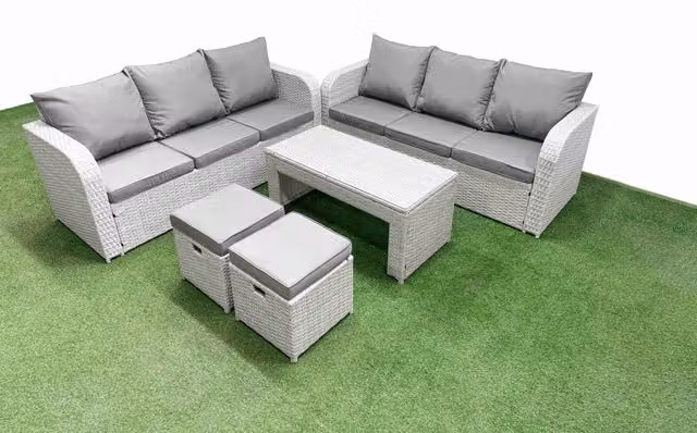 Fimous 8 Seater Rattan Garden Furniture Set in Light Grey with High Back Lounge Sofa, Ottoman, and Oblong Coffee Table