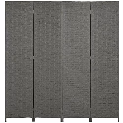 HOMCOM 4-Panel Retro Folding Room Divider Privacy Screen in Grey with Wood and Rattan Design – 2