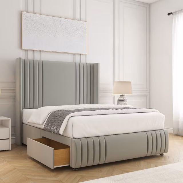 BSSPOKE Peyton Double Divan Bed Set in Silver Velvet with 54 inch Headboard, 2 Drawers and Mattress, W/D/H: 140 x 200 cm