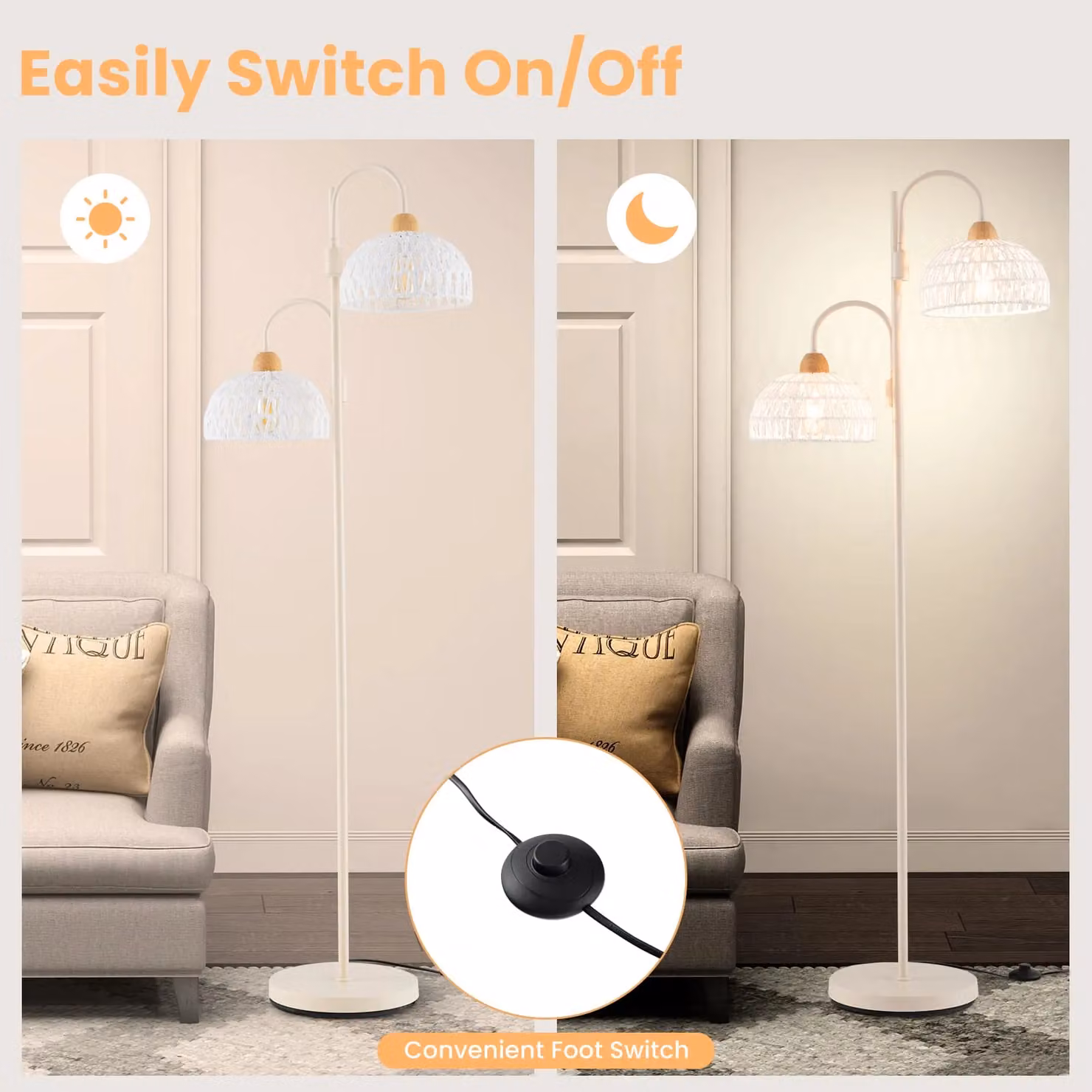 Gymax 2-Light Tree Floor Lamp with Rotating Woven Fabric Lampshades and Foot Switch in White – 3