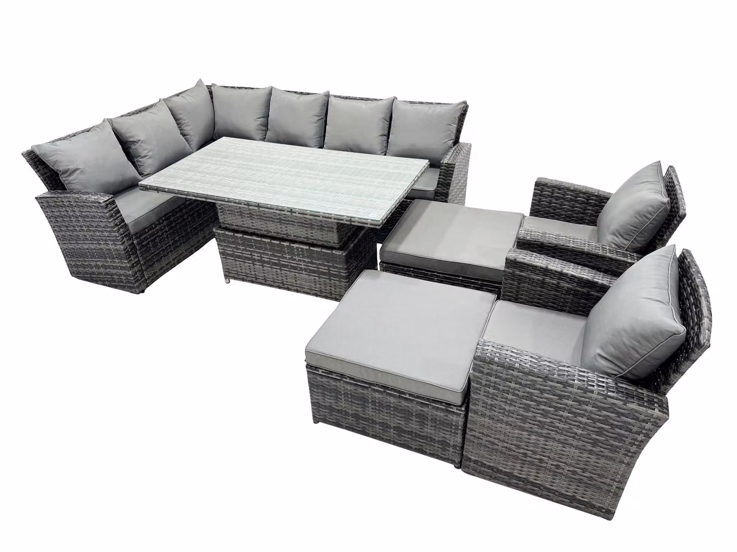 Fimous Poly Rattan Outdoor Patio Corner Sofa Set with 2 Large Stools and 2 Chairs in Dark Grey – 2