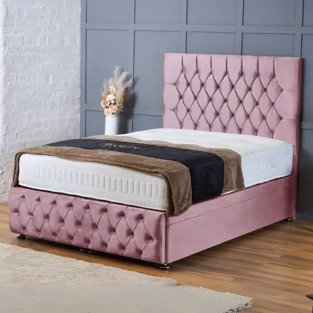 BSSPOKE Mulberry Ottoman Divan Bed in Pink Plush Velvet with 54 inch Headboard, Super King, W/D/H: 200 x 163 x 200 cm