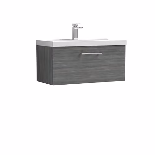 Balterley Wall Hung Single Drawer Vanity Unit with Mid Edge Sink and Handle in Woodgrain Anthracite, W: 81.0 cm, D: 39.0 cm, H: 39.9 cm