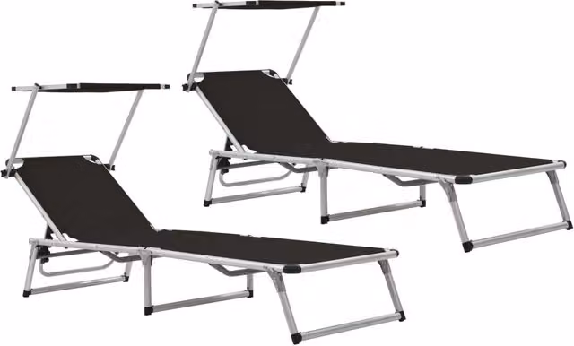 Berkfield Home Set of 2 Folding Sun Loungers with Sun Canopy and Adjustable Headrest in Black Powder Coated Aluminium and Textilene – 1