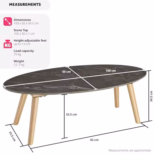 tectake Oval Coffee Table with Marble Stone Top and Height-Adjustable Wooden Legs in Grey, W/D/H: 100 x 50 x 34.5 cm – 2