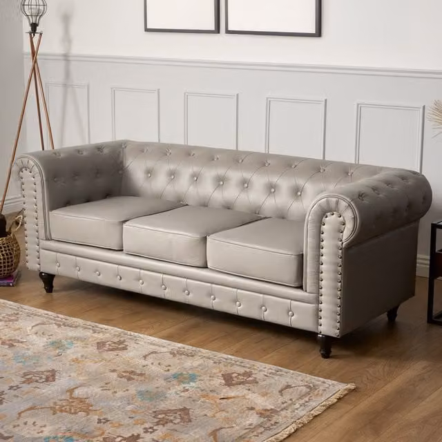 Bravich LTD Chesterfield 3-Seater Sofa in Grey Faux Leather with Button-Tufted Detail