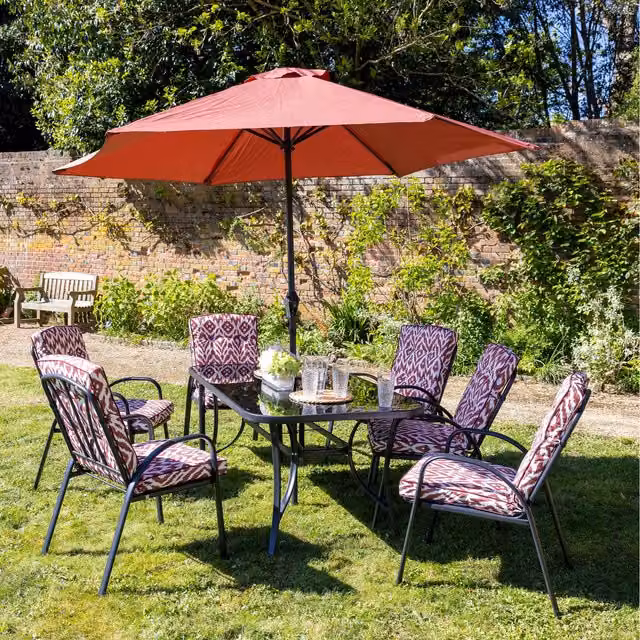 Primrose 6 Seater Rectangular Tempered Glass Dining Set with Crank Parasol in Red