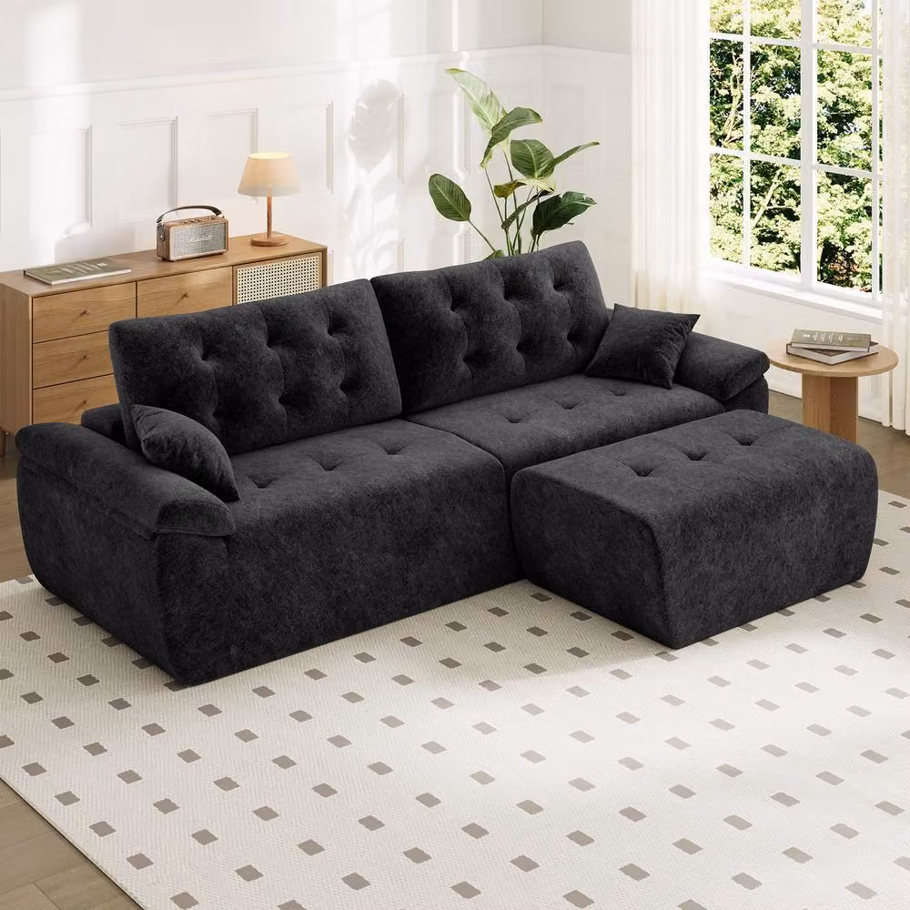 Dprodo 4 Seater L Shaped Chenille Sofa in Black, Reversible Modular Sectional with Matching Ottoman and Scatter Cushions, Width: 275 cm – 6