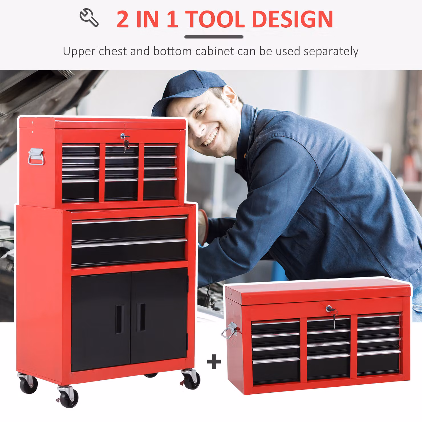 HOMCOM Red Metal Tool Chest with 6 Drawers, Pegboard and Lockable Roller Cabinet, W: 61.6 cm, D: 33 cm, H: 108 cm – 4