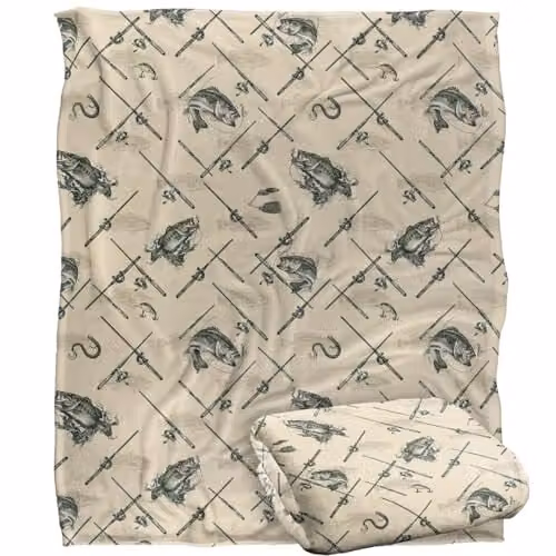 JQ Licensing Action Bass Fishing Pattern Super Soft Fleece Throw Blanket in White, W/D/H: 152 x 127 cm