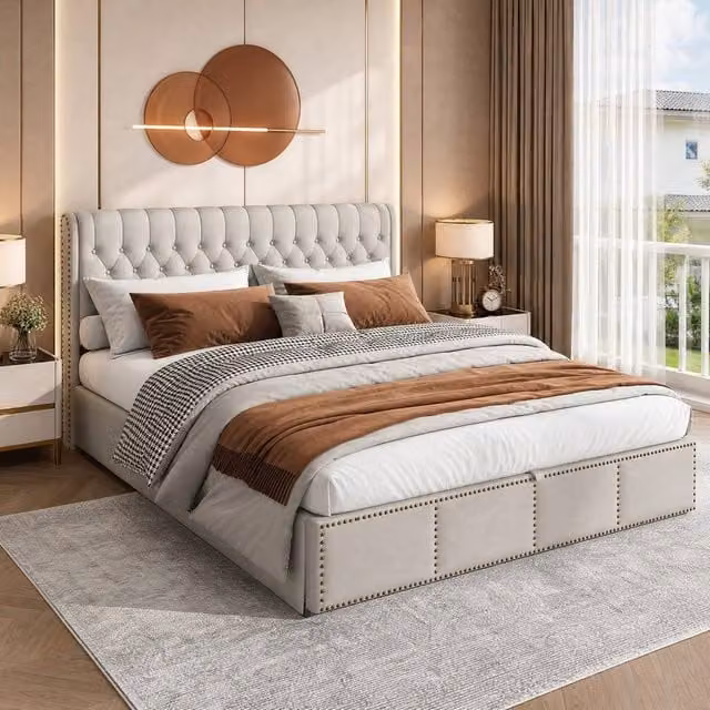 STILVORA Upholstered Double Bed with Lift-Up Storage Base in Grey, W/D/H: 140 x 200 x 102.5 cm