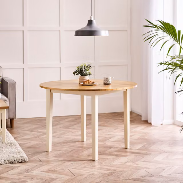 FurnitureboxUK Salcombe Round Solid Oak and Rubberwood Dining Table with Cream Legs