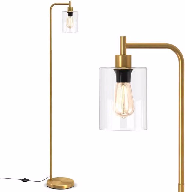 COSTWAY Industrial Glass Shade Floor Lamp in Gold and Transparent