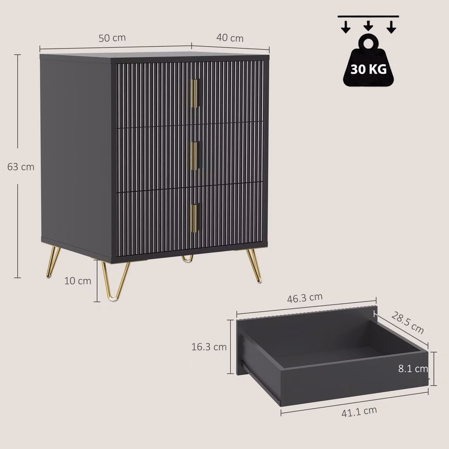 HOMCOM Modern 3-Drawer Fluted Dresser with Metal Legs and Steel Handles in Black and Gold – 3