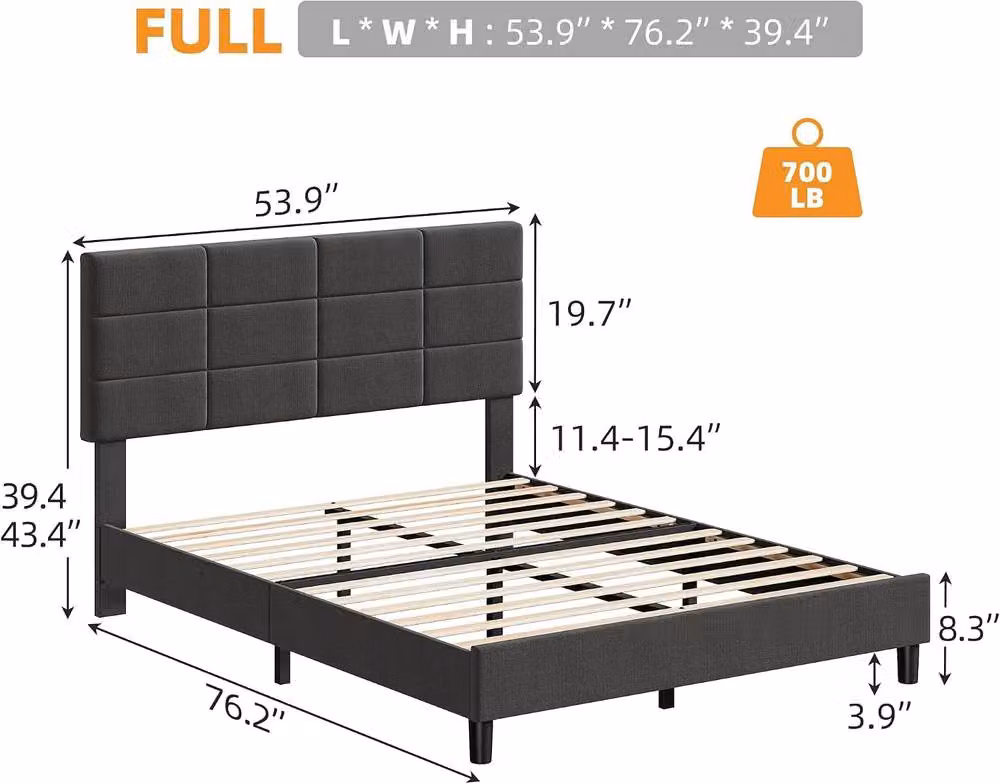 London Boutique Grey Upholstered Linen Platform Bed Frame with Headboard W/D/H: 190 x 135 x 110 cm – 3