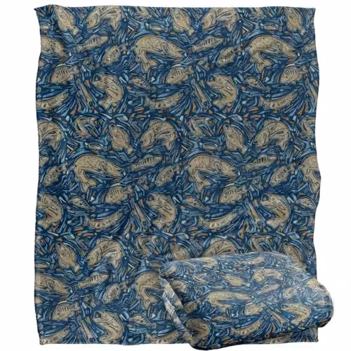 JQ Licensing Fish Array Fishing Pattern 2 Silky Touch Super Soft Fleece Throw Blanket, White, W/D/H: 152 x 127 cm – 1