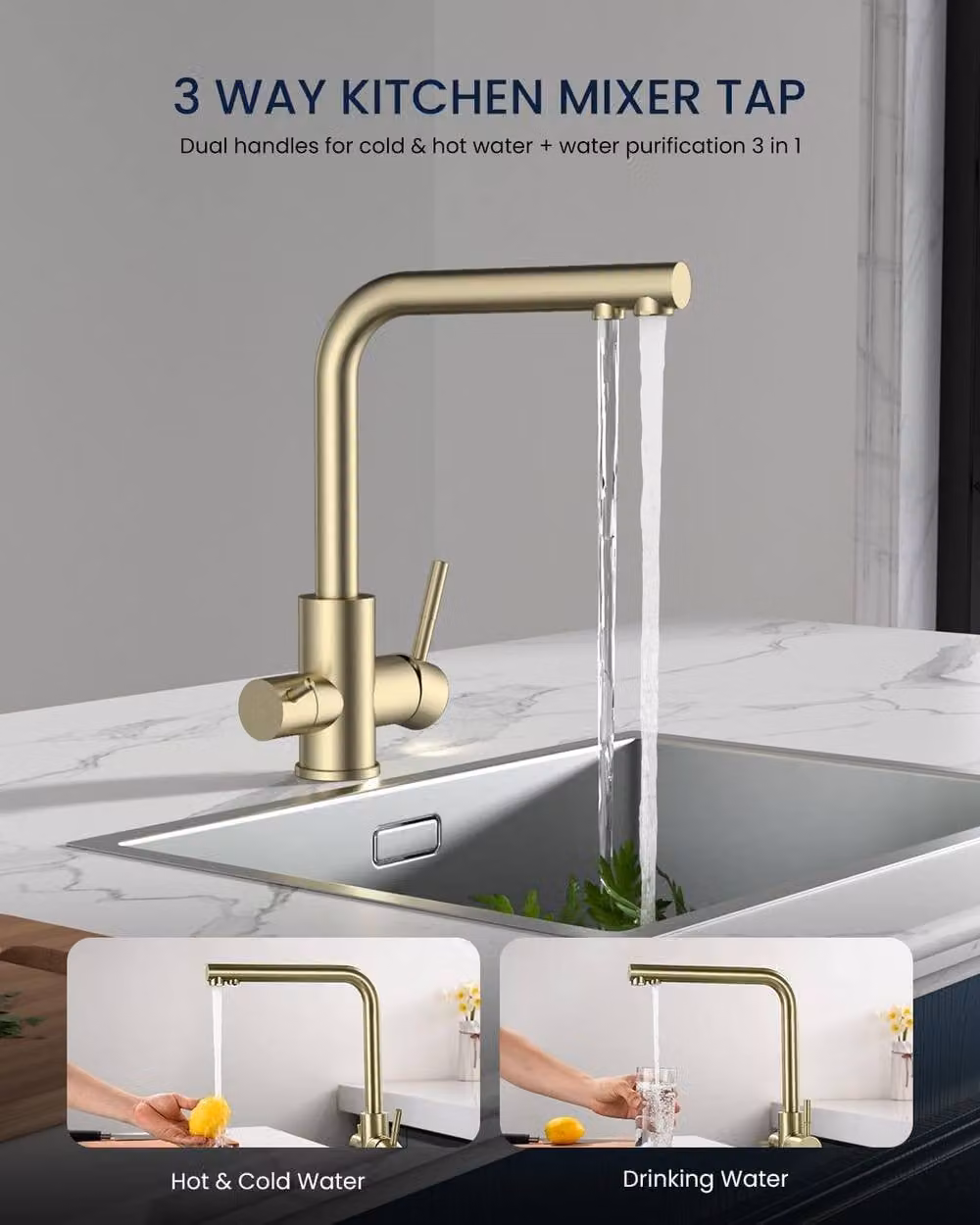 Dayone Brushed Gold 3 Way Kitchen Tap with Filtered Water and 360 Swivel Spout, SUS304 Stainless Steel – 2