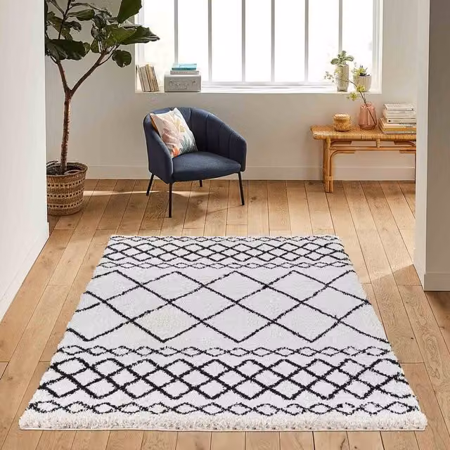 Desire Rugs Moroccan Berber Shaggy Rectangular Rug with Mixed Diamond Design in Beige, Yellow and White, W: 120 cm, L: 170 cm