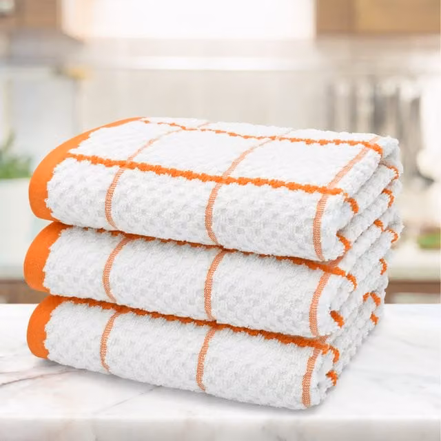 Kitchen Trends Set of 3 Highly Absorbent Checked Cotton Tea Towels in Orange, Grey, Beige and White