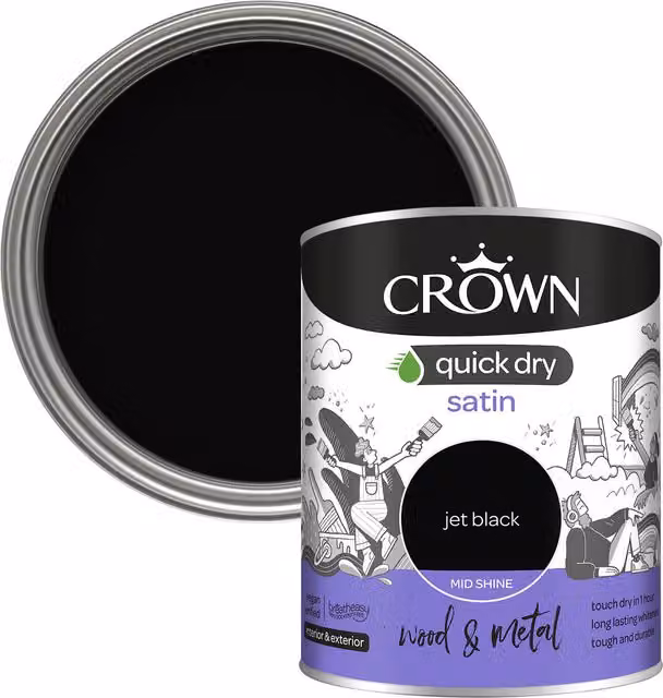 Crown Quick Dry Satin Wood and Metal Paint, Black, 0.75 l – 2