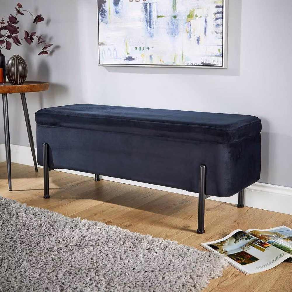 Home Source Black Boucle Velvet Storage Ottoman Seat with Metal Legs – 2