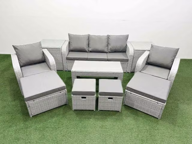 Fimous Light Grey PE Wicker Rattan Garden Sofa Set with Metal and Glass Details