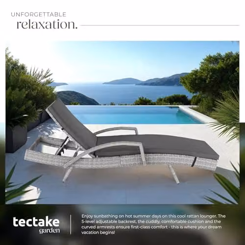 tectake Rattan Sun Lounger with 5-Position Adjustable Backrest and Soft Cushion in Light Grey – 6