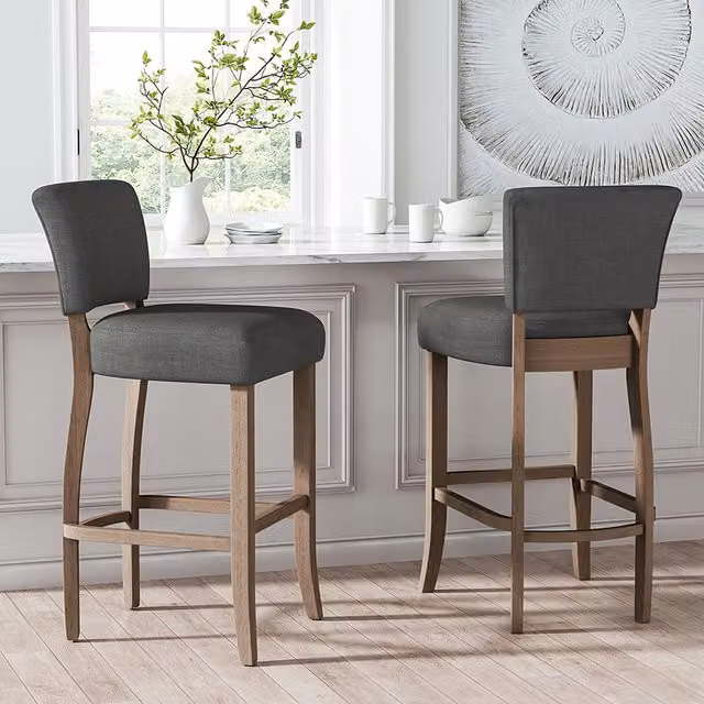 Livingandhome Set of 2 Dark Grey Linen Bar Stools with Solid Wood Legs and Footrests